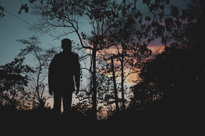 Silhouette man standing by trees against sky