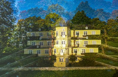 Residential building by trees in city