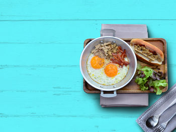 Directly above shot of breakfast served on table