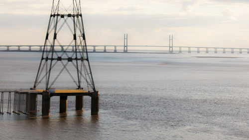 Scenic view of suspension bridge over sea against sky