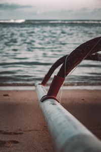 Midsection of person on beach against sea