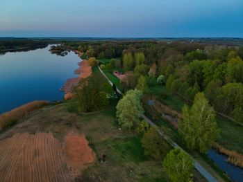 High angle view of trees on landscape against sky