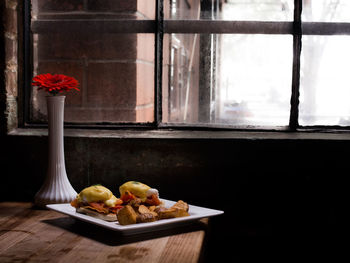 Close-up of food served in tray on table