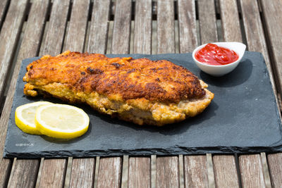 Close-up of meat on slate