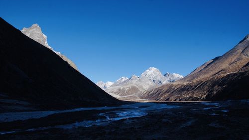 Scenic view of snowcapped mountains against clear blue sky