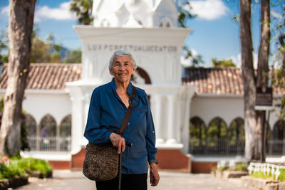 Senior woman tourist at the heritage town of salamina in the department of caldas in colombia