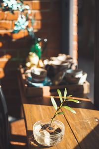 Close-up of wine glasses on table in restaurant