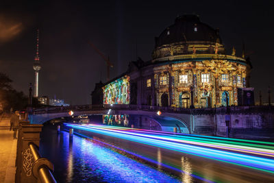 Light trails on bridge at night