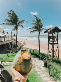 Person holding ice cream cone at beach against sky