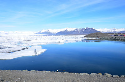 Gorgeous views of a scenic lagoon with ice melt and icebergs floating freely.