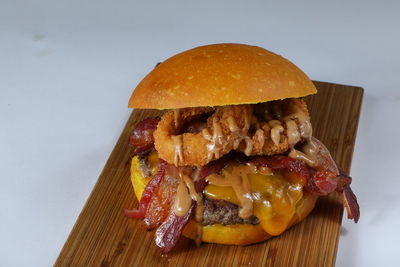 Close-up of burger on cutting board