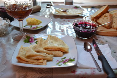 Close-up of food served on table