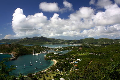 High angle view of town by sea against sky