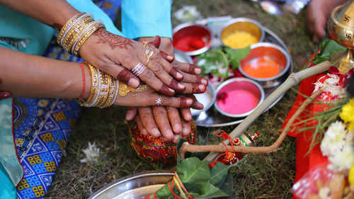 High angle view of people preparing food