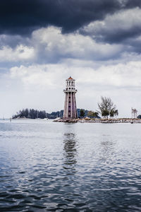 Built structure in water against cloudy sky