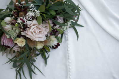 High angle view of white rose bouquet