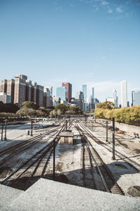 Railroad tracks amidst buildings in city against clear sky