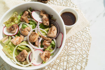 High angle view of food in bowl on table