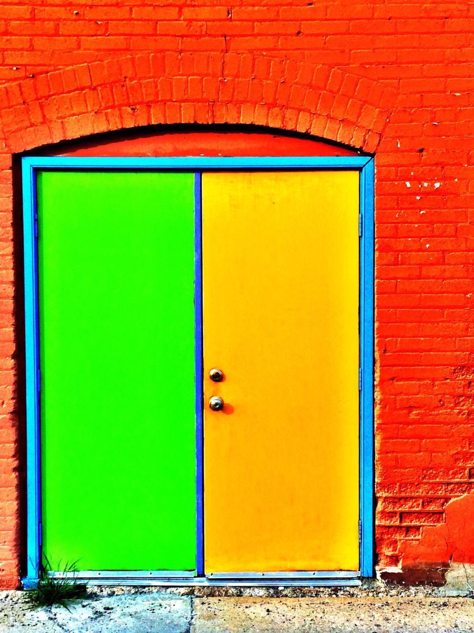 closed, door, yellow, built structure, architecture, protection, building exterior, safety, vibrant color, green color, colorful, orange color, blue, multi colored, entrance, closed door, day, front door, outdoors, entryway, green, structure, exterior, yellow color