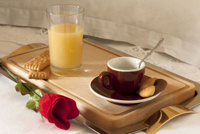 Close-up of cappuccino served on table