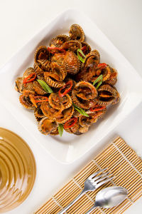 High angle view of food in plate on table