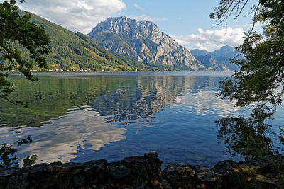 Scenic view of lake by mountains against sky