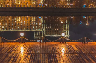 Reflection of illuminated buildings in water at night