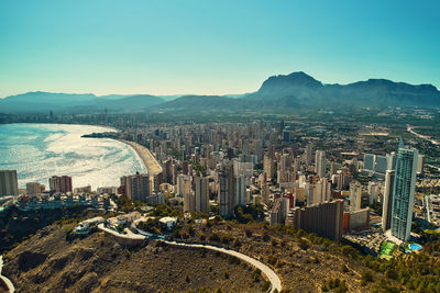 High angle view of cityscape against clear sky