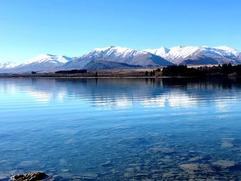 Scenic view of lake and snowcapped mountains against blue sky