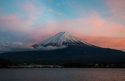 Scenic view of snowcapped mountains against sky during sunset