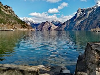 Scenic view of lake and mountains against sky