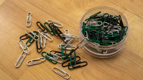 High angle view of objects on table