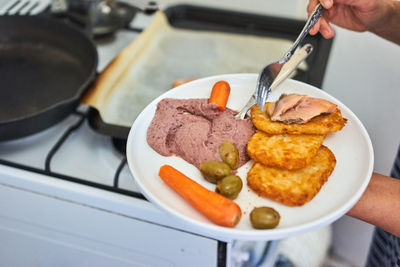 Cropped hands of man holding food in plate at kitchen