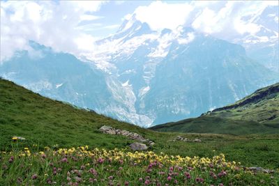 Scenic view of snowcapped mountains against sky