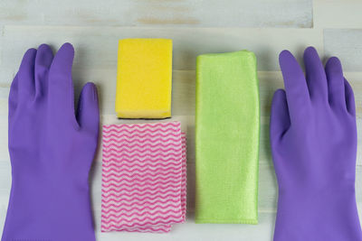 High angle view of cleaning equipment arranged on table