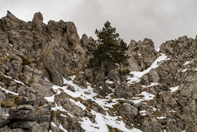 Low angle view of snow on rock against sky