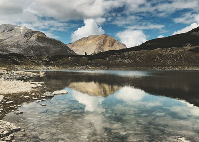 Scenic view of lake by mountains against sky