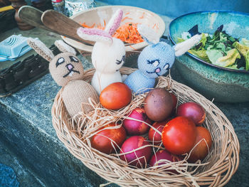 High angle view of eggs in basket