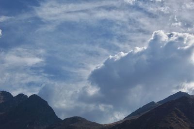 Low angle view of mountain against cloudy sky