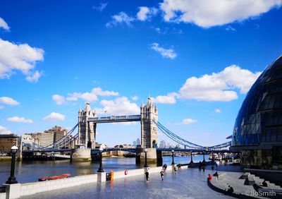 Bridge over river with city in background