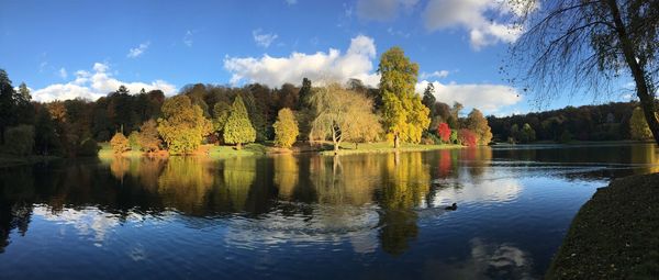 Panoramic view of lake and trees against sky