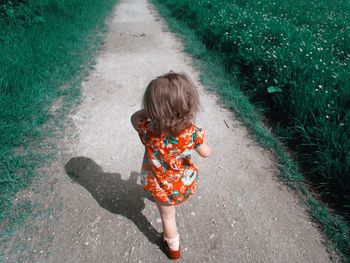 Rear view of girl walking on road