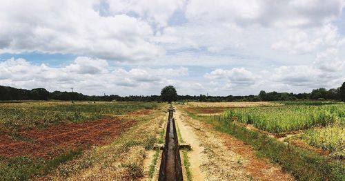 Dirt road passing through field against cloudy sky