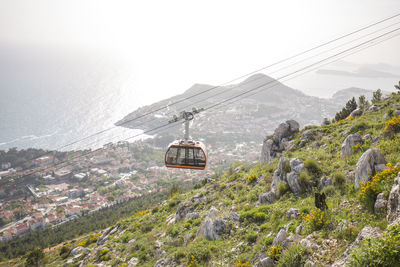 Overhead cable car over mountains