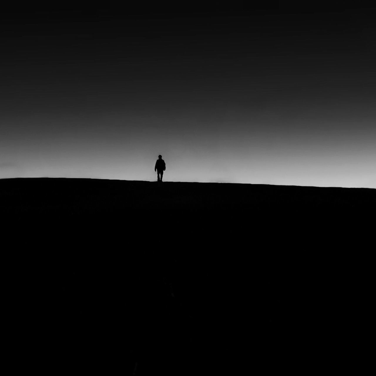 silhouette, copy space, clear sky, men, lifestyles, standing, full length, outline, leisure activity, dark, rear view, unrecognizable person, walking, tranquility, tranquil scene, dusk, nature