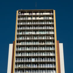 Low angle view of modern building against clear blue sky