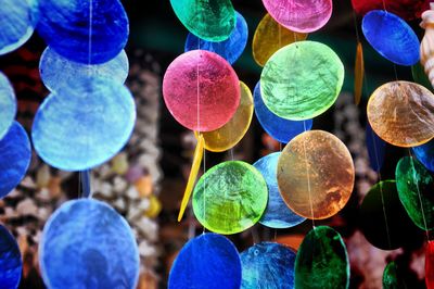 Full frame shot of colorful sequins for sale at market