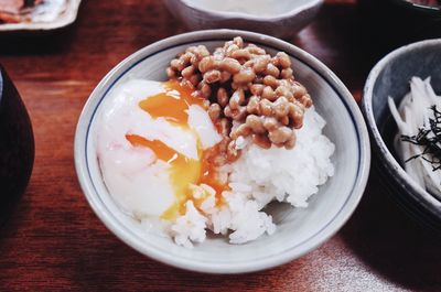 High angle view of breakfast served on table