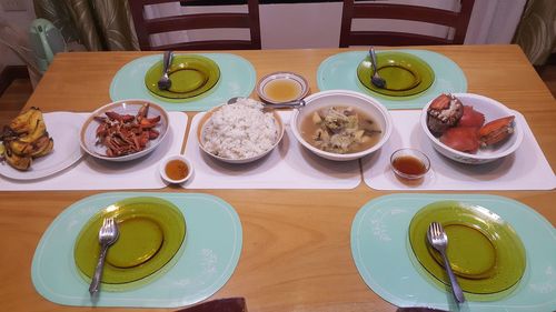 High angle view of meal served on table