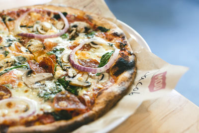 Close-up of pizza on table